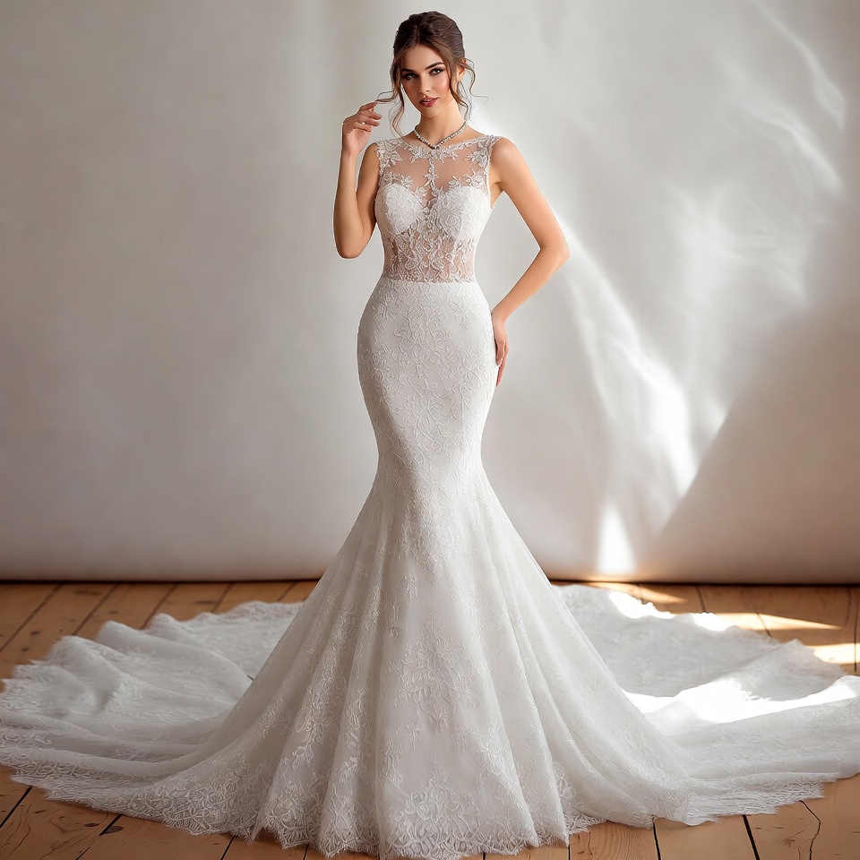 Illusion Neckline Mermaid Wedding Dress-1
