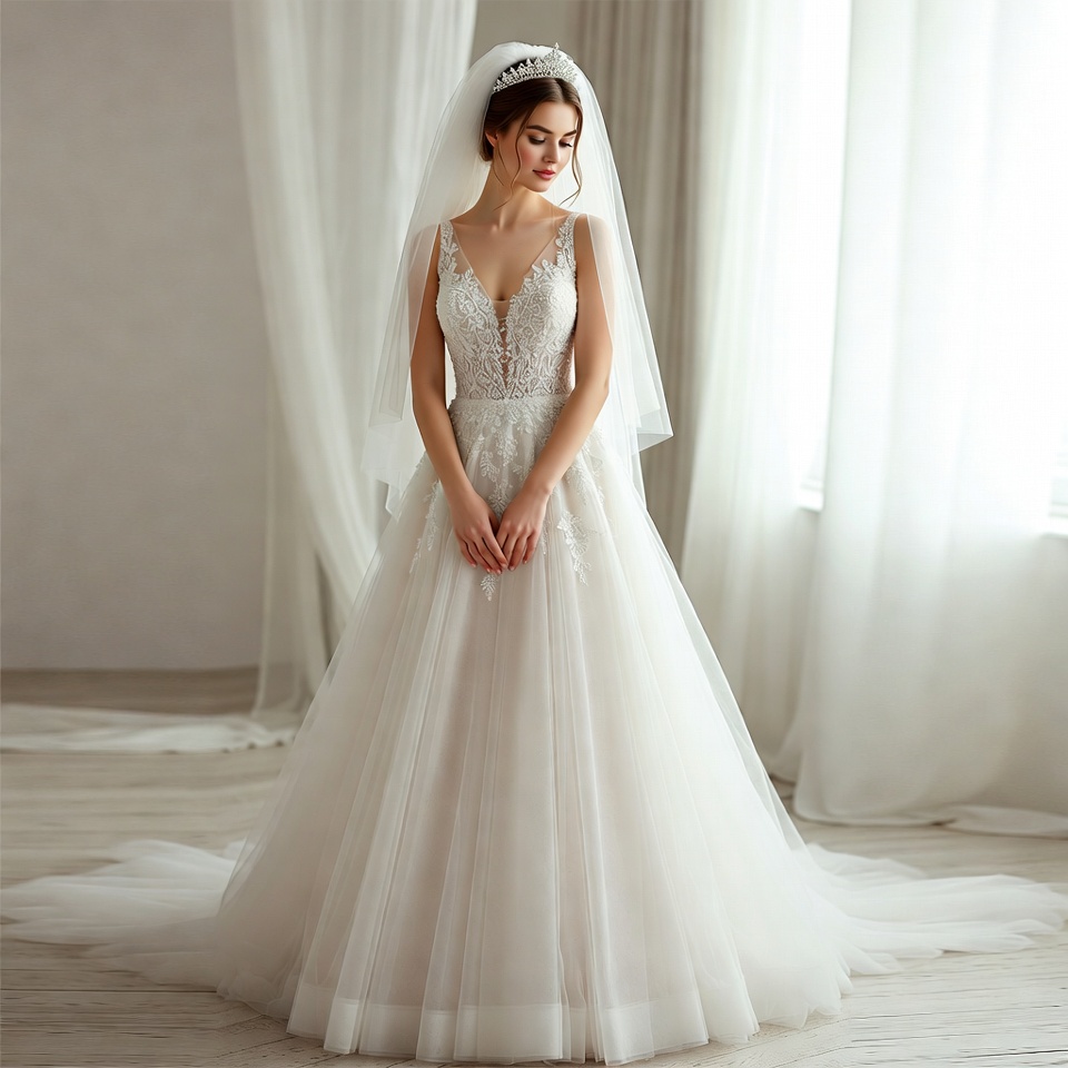V-Neck A-Line Wedding Dresses-1