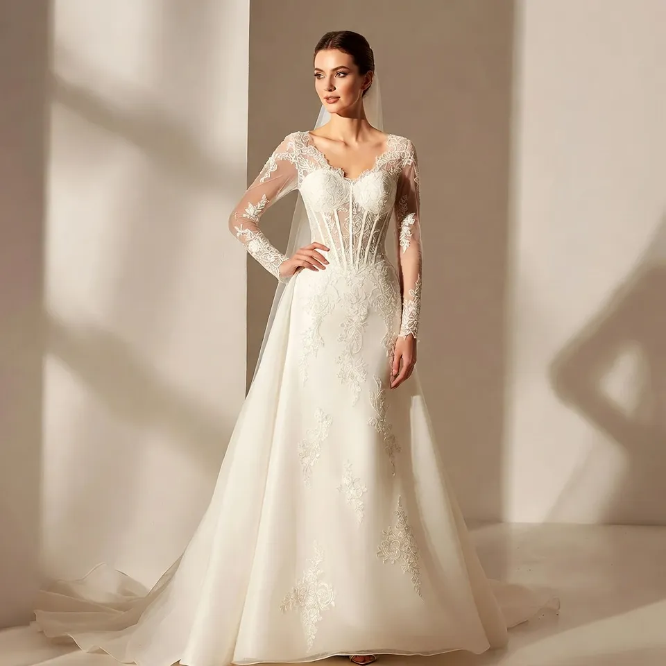 Corset A-Line V Neck Long Sleeve Wedding Dress-1
