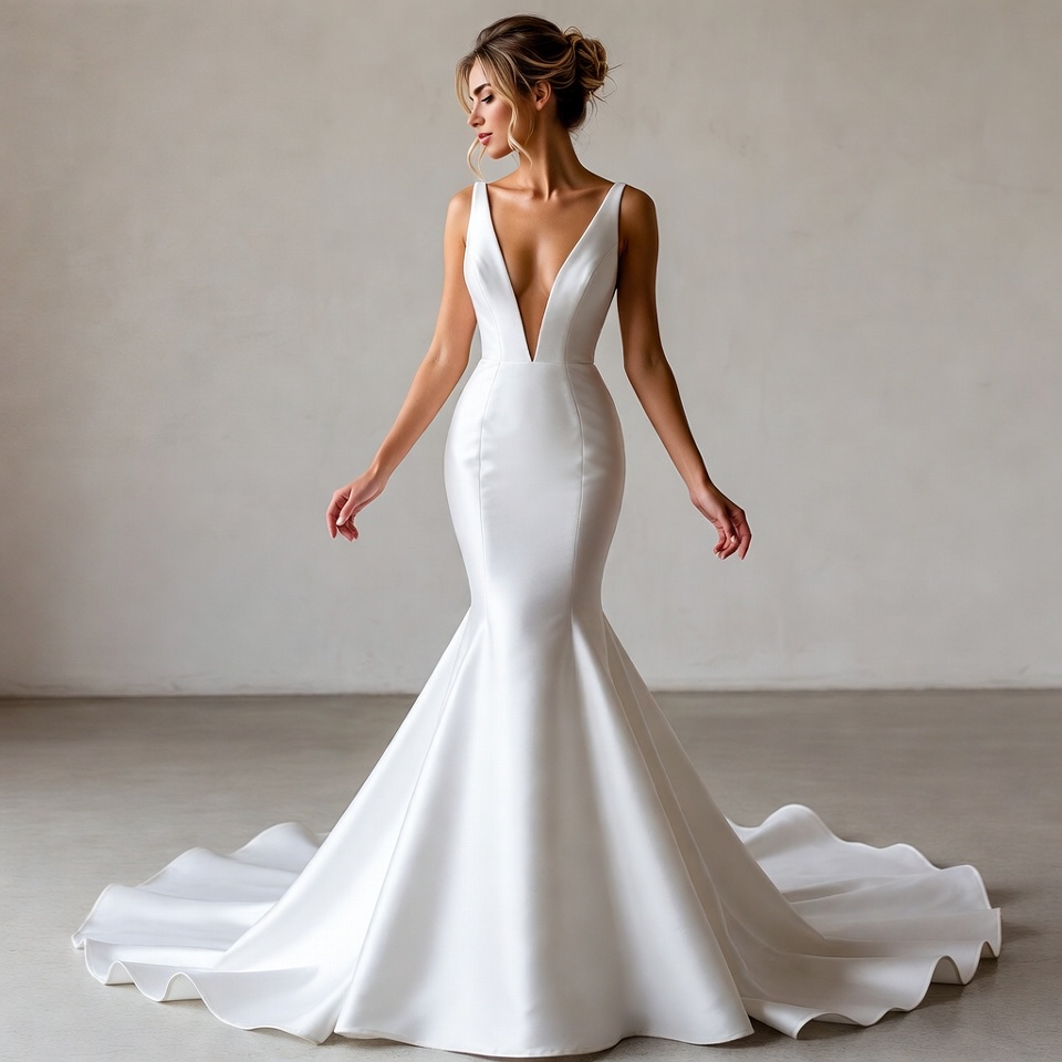 Plunging Deep V Mermaid Wedding Dress-2