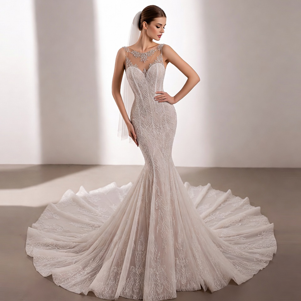 Illusion Neckline Mermaid Wedding Dress-2
