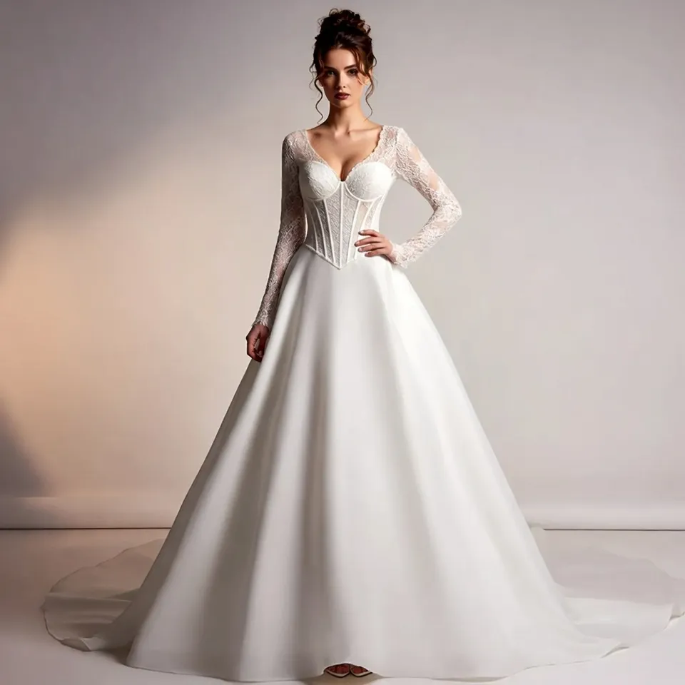 Corset A-Line V Neck Long Sleeve Wedding Dress-2
