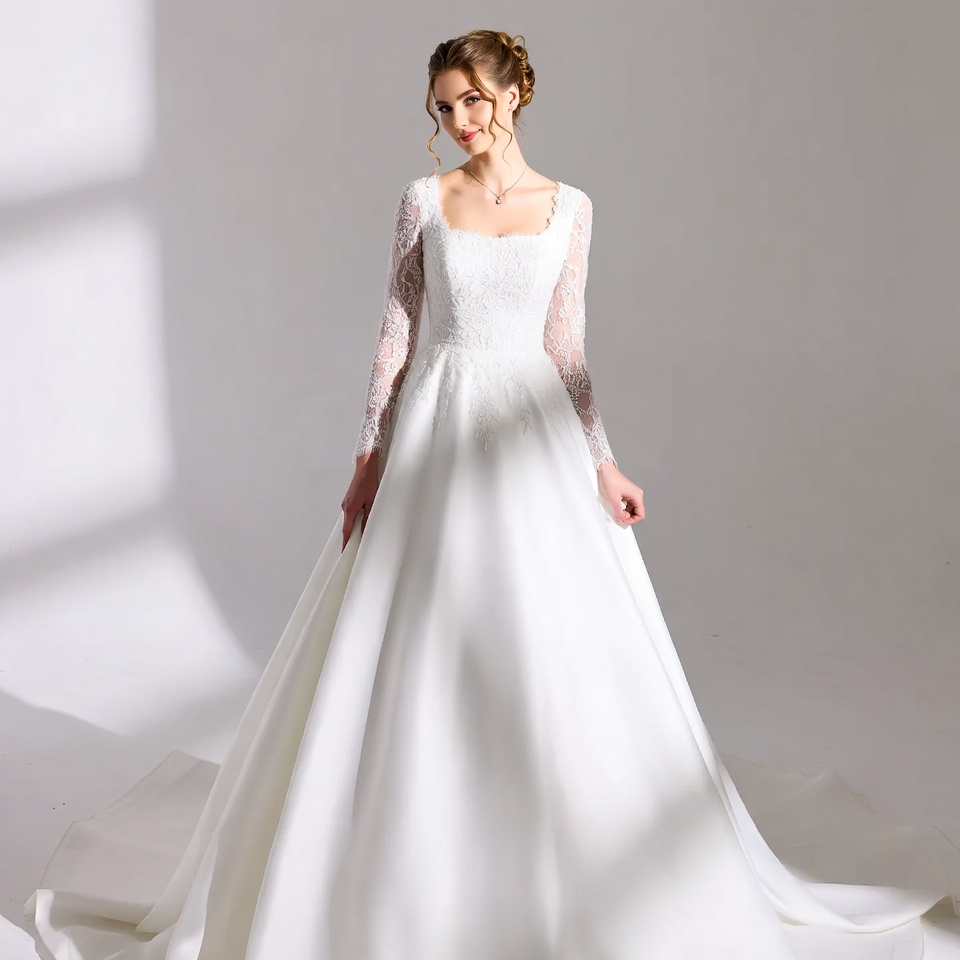 Square Neck A-Line Wedding Dresses-3