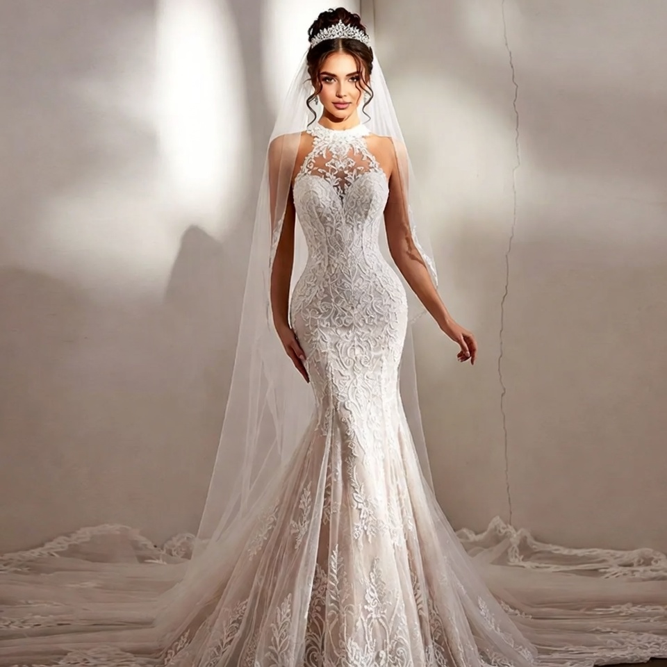 Halter Neckline Mermaid Wedding Dress-3