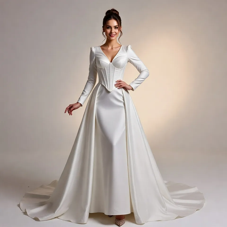 Corset A-Line V Neck Long Sleeve Wedding Dress-3