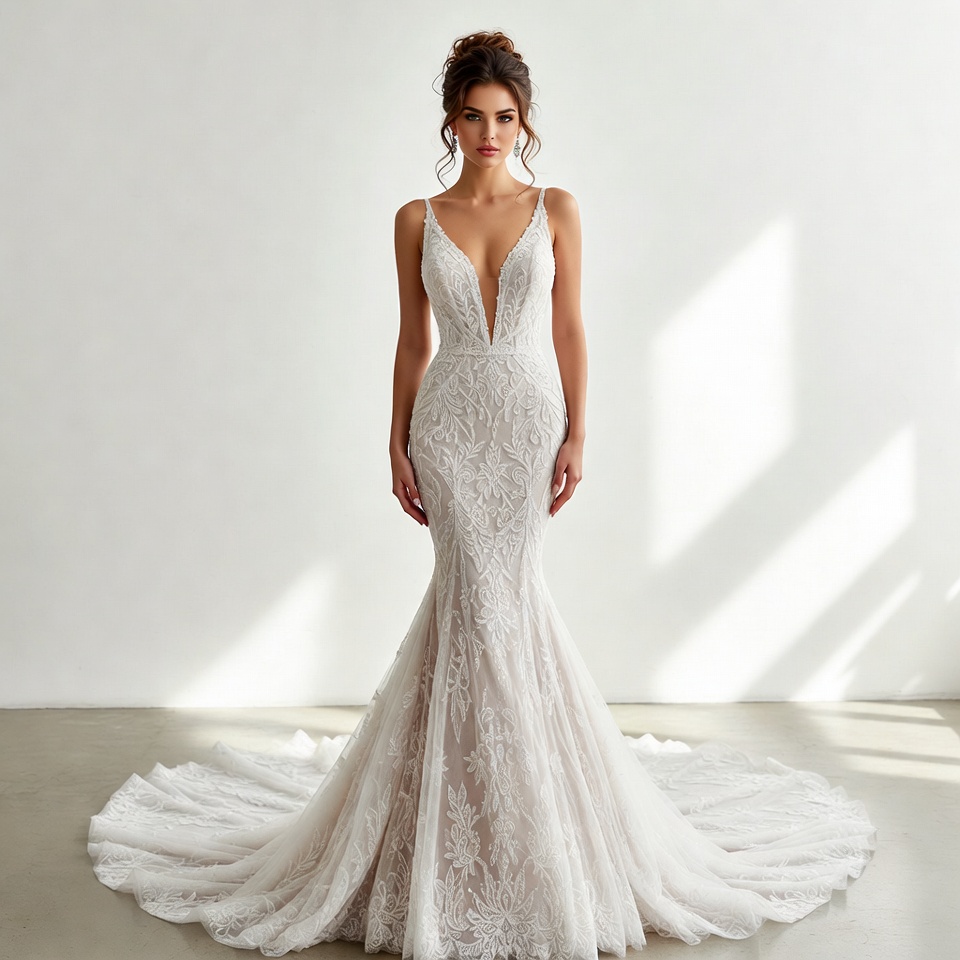 Plunging Deep V Mermaid Wedding Dress-4