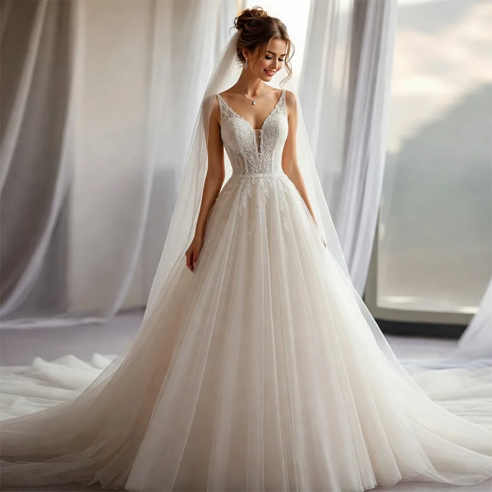 A-Line V Neck Tulle Wedding Dress-4