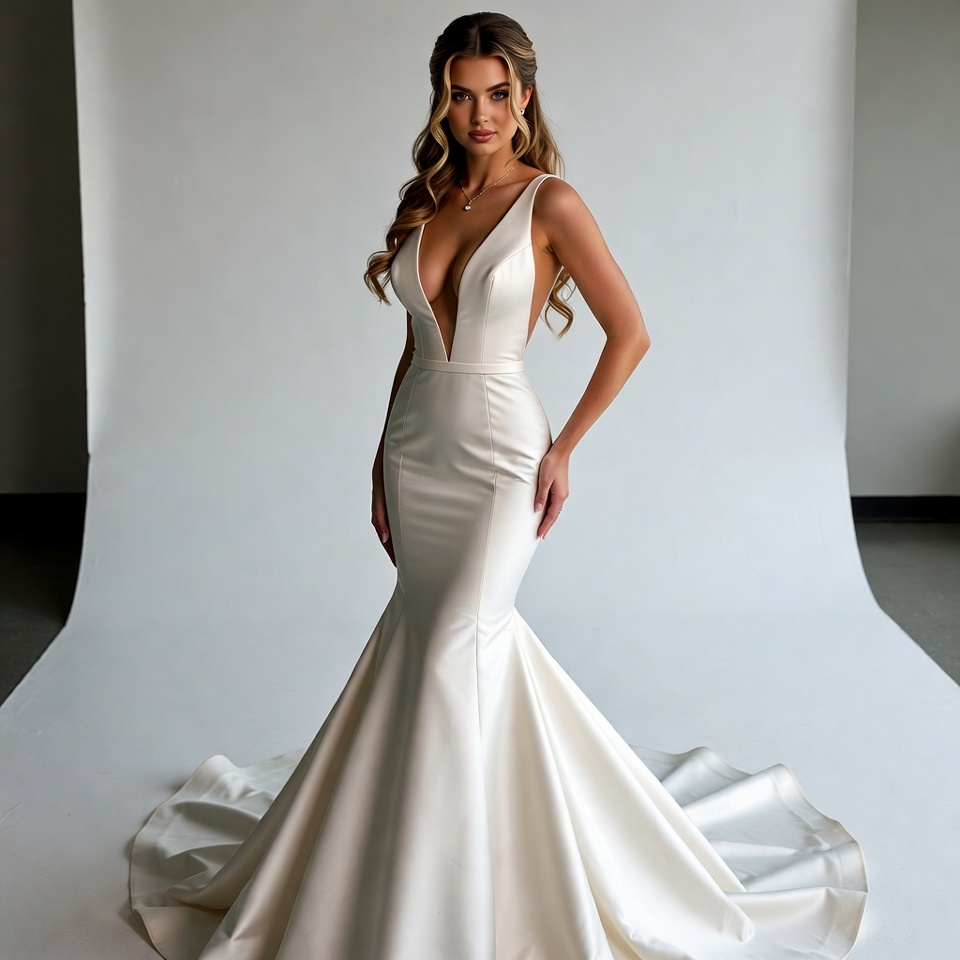 Plunging Deep V Mermaid Wedding Dress-5