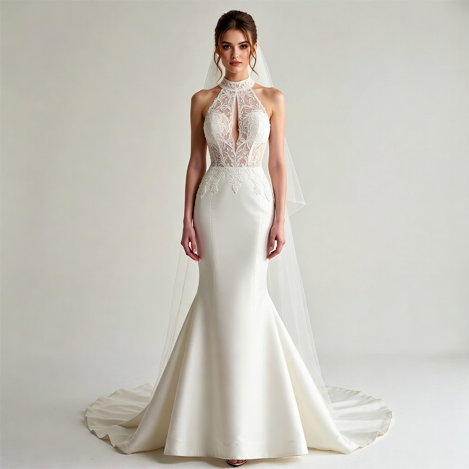 Halter Neckline Mermaid Wedding Dress-5