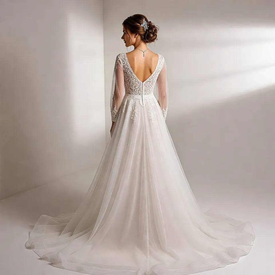 A-Line V Neck Tulle Wedding Dress-5