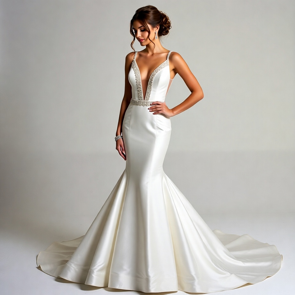 Plunging Deep V Mermaid Wedding Dress-6