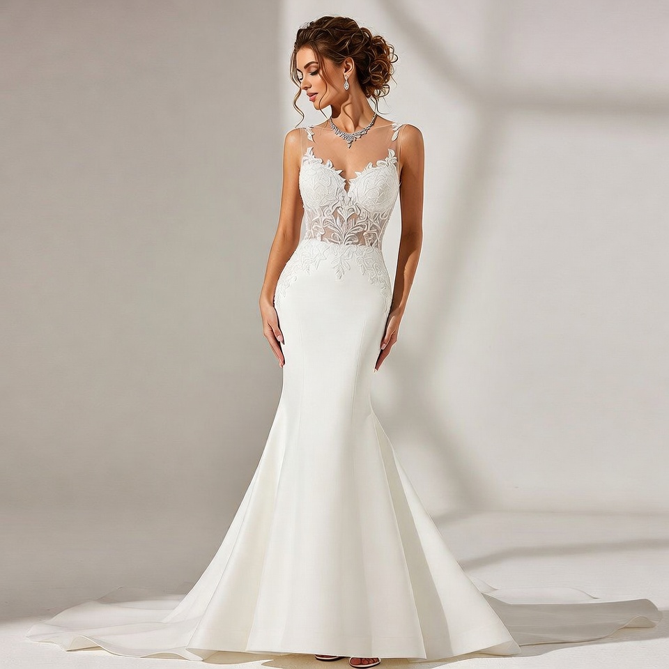Illusion Neckline Mermaid Wedding Dress-6