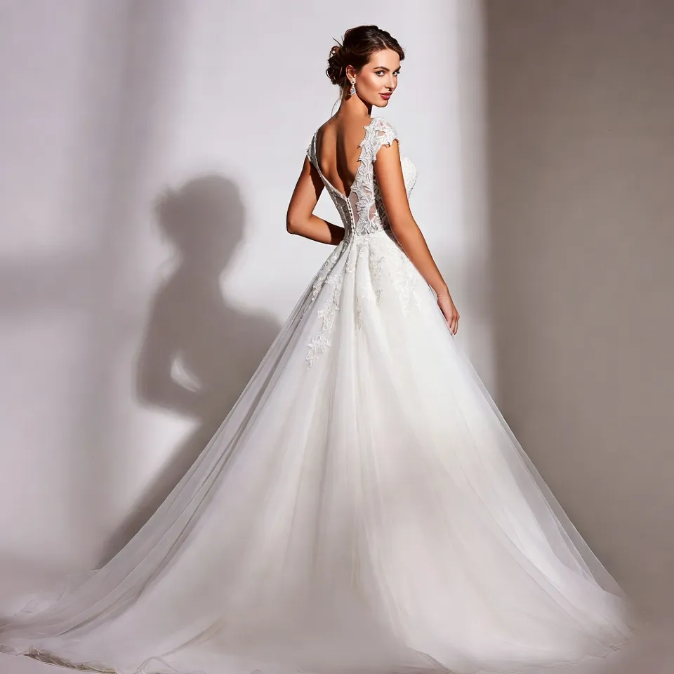 A-Line V Neck Tulle Wedding Dress-6