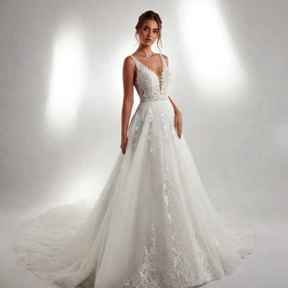V-Neck A-Line Wedding Dresses-7