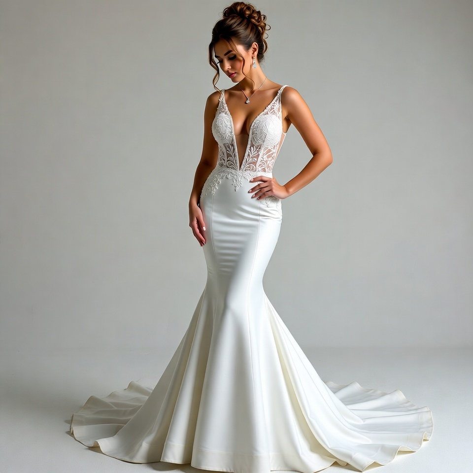 Plunging Deep V Mermaid Wedding Dress-8