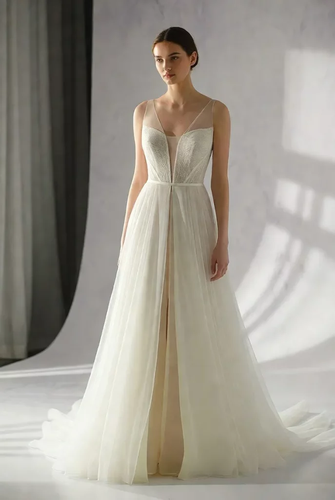 A Line Chiffon Split Front Overlay Wedding Dress