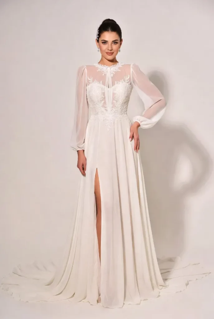 A Line Chiffon Split Front Overlay Wedding Dress