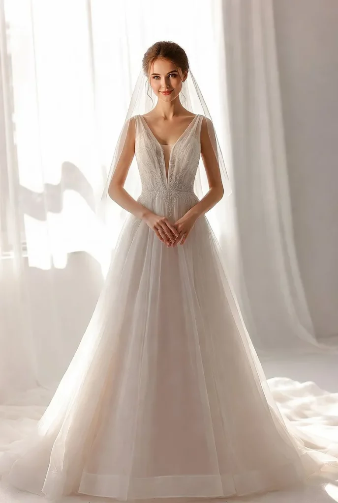 A Line V Neck Chiffon Wedding Dress
