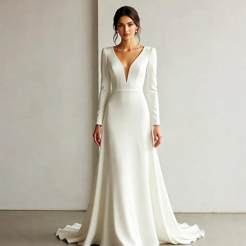 A Line V Neck Long Sleeve Wedding Dress