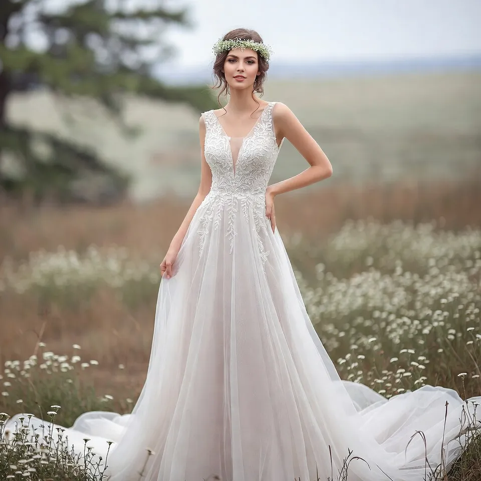 Boho A Line V Neck Wedding Dress