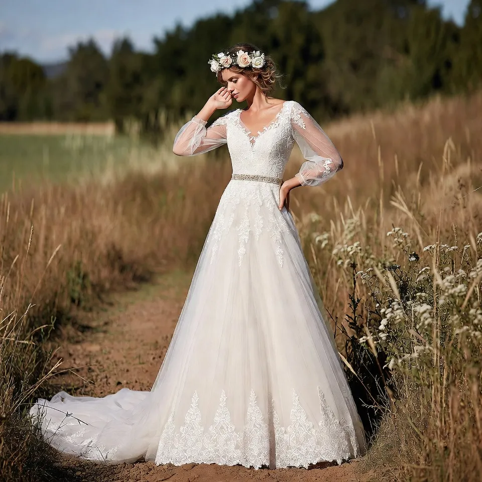 Boho A line wedding dress with sleeves, outdoor bohemian styling