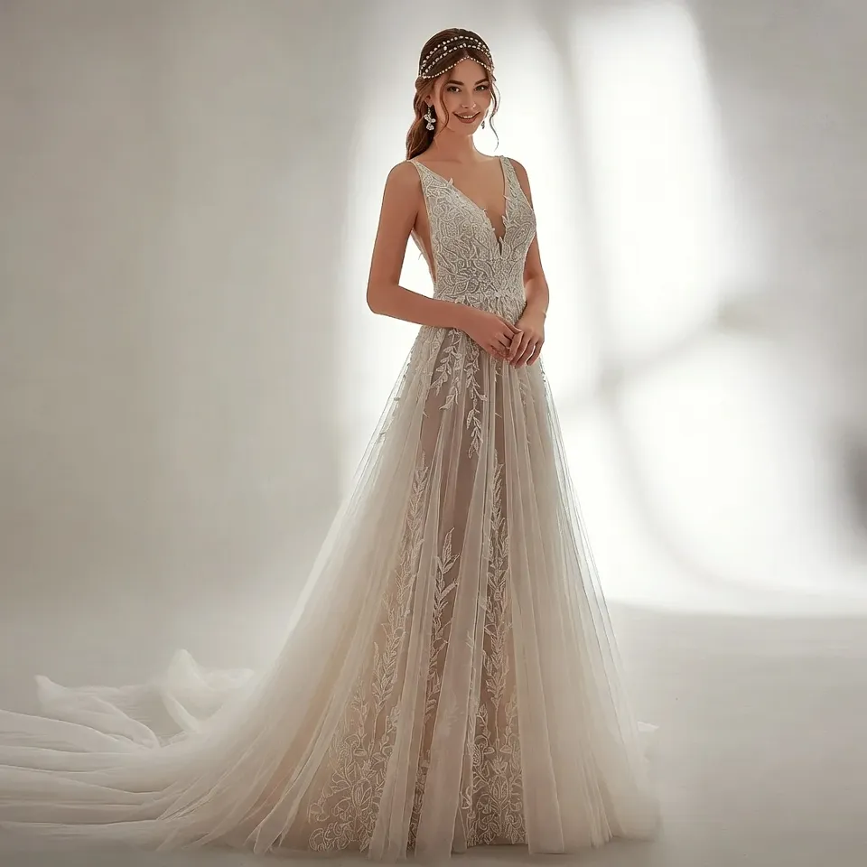 Boho Sleeveless A Line Wedding Dress with Lace Details