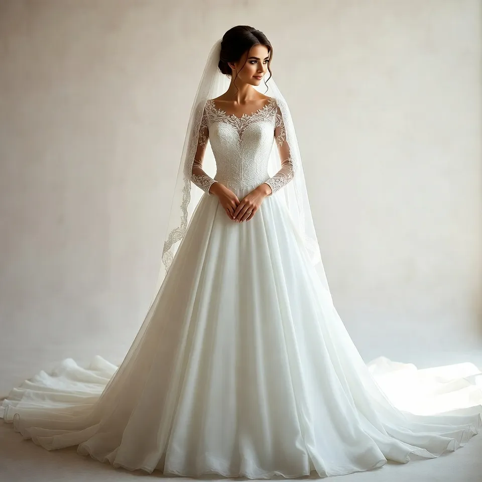 Bride wearing an A line wedding dress with sleeves full length view