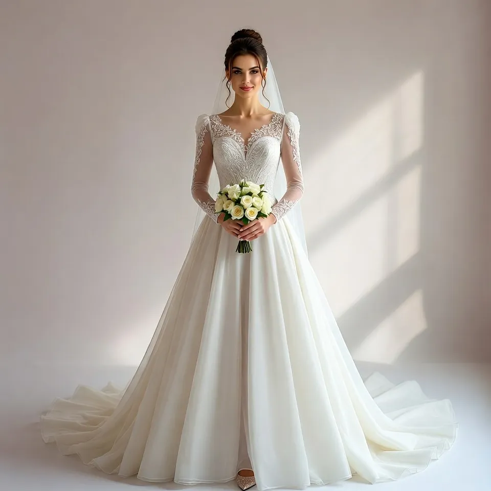 Bride wearing an A line wedding dress with sleeves full length view