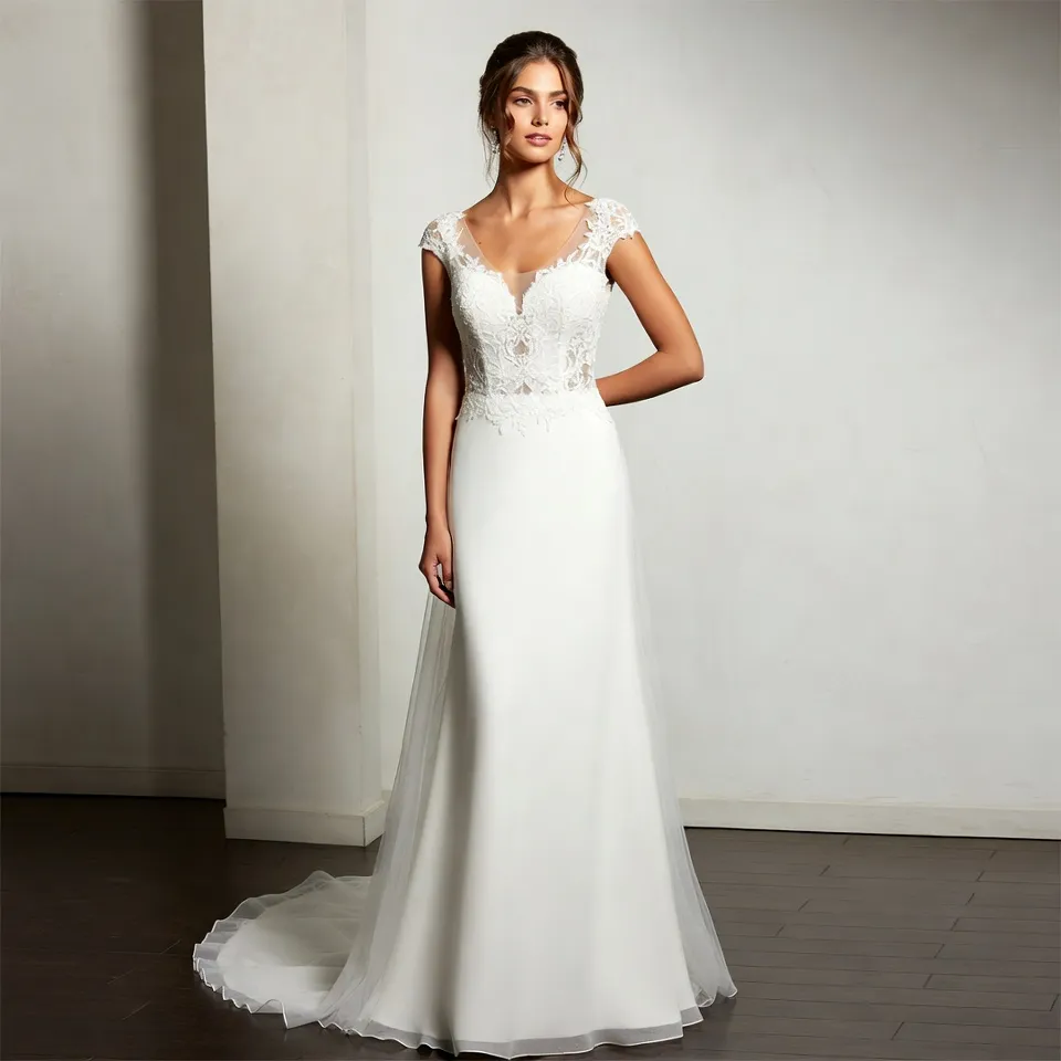 Cap Sleeve V Neck A Line Wedding Dress