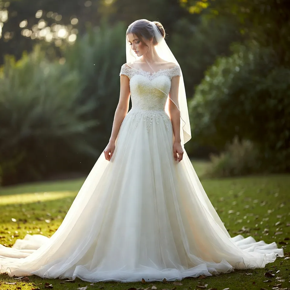 Cap sleeve A line wedding dress, soft natural light