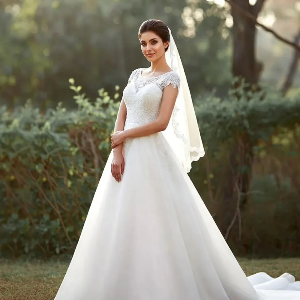 Cap sleeve A line wedding dress, soft natural light