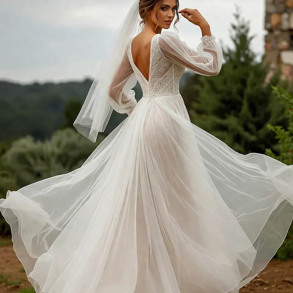 Chiffon A line wedding dress with sleeves, flowing skirt