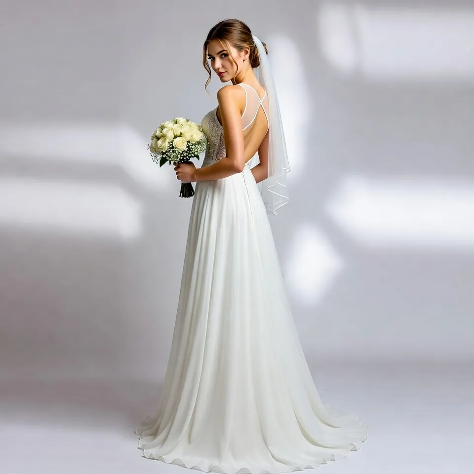 Chiffon Sleeveless A Line Wedding Dress with Open Back