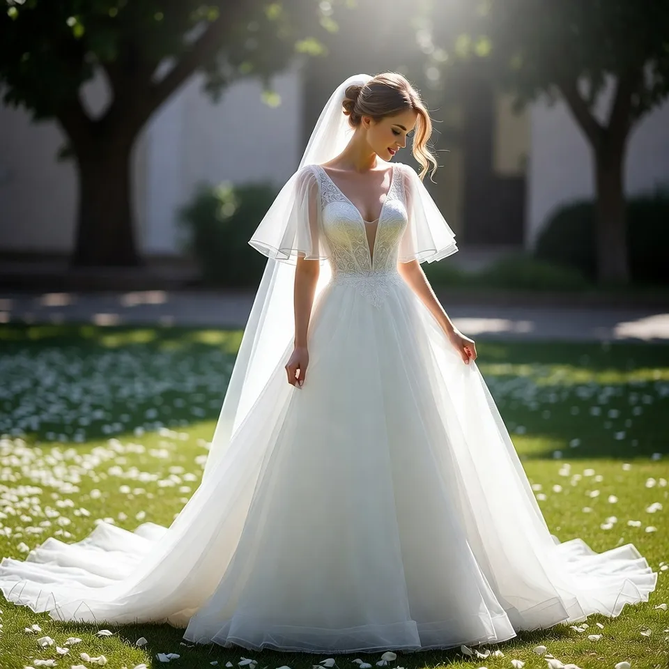 Flutter sleeve A line wedding dress outdoor wedding scene