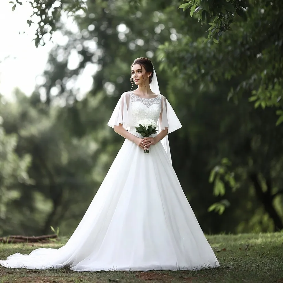 Flutter sleeve A line wedding dress outdoor wedding scene