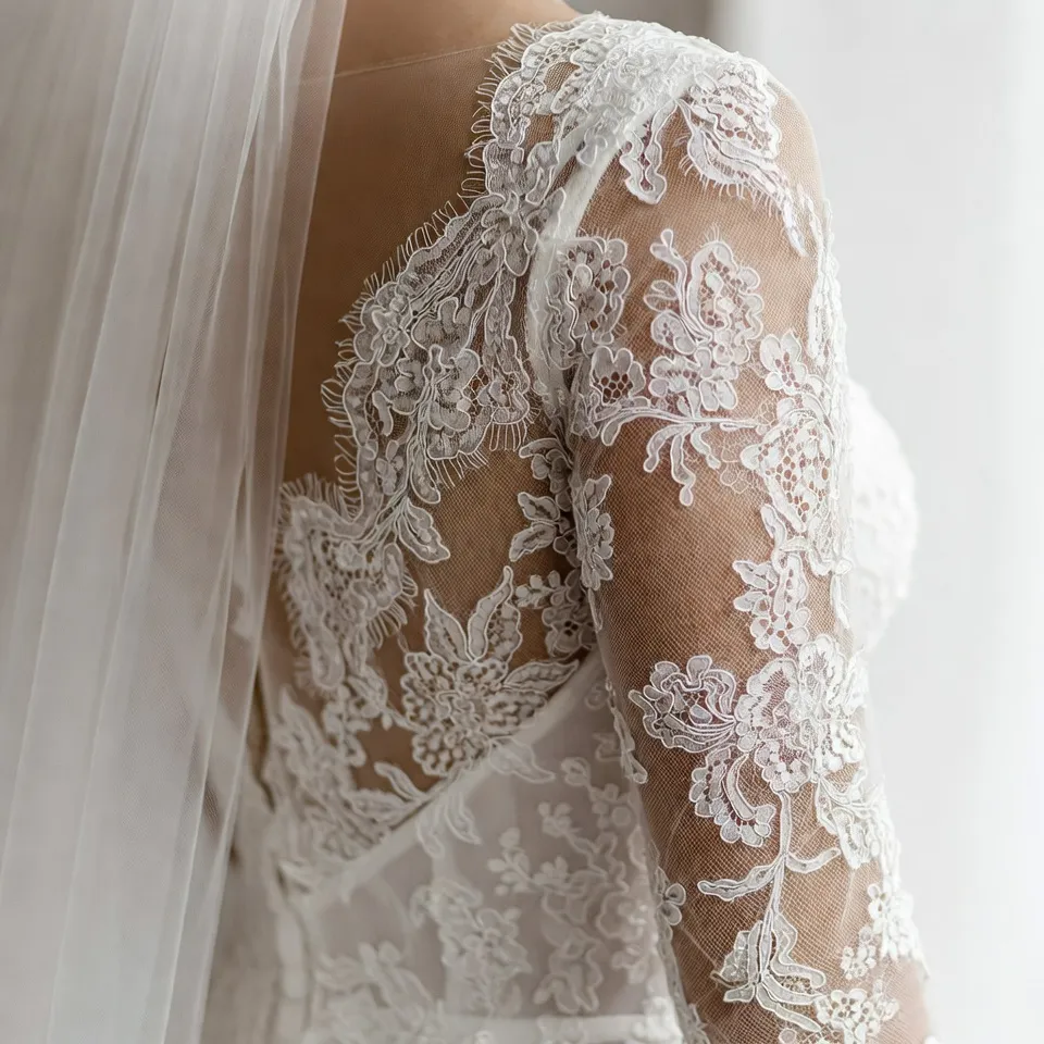Lace A line wedding dress with sleeves, close up lace detail