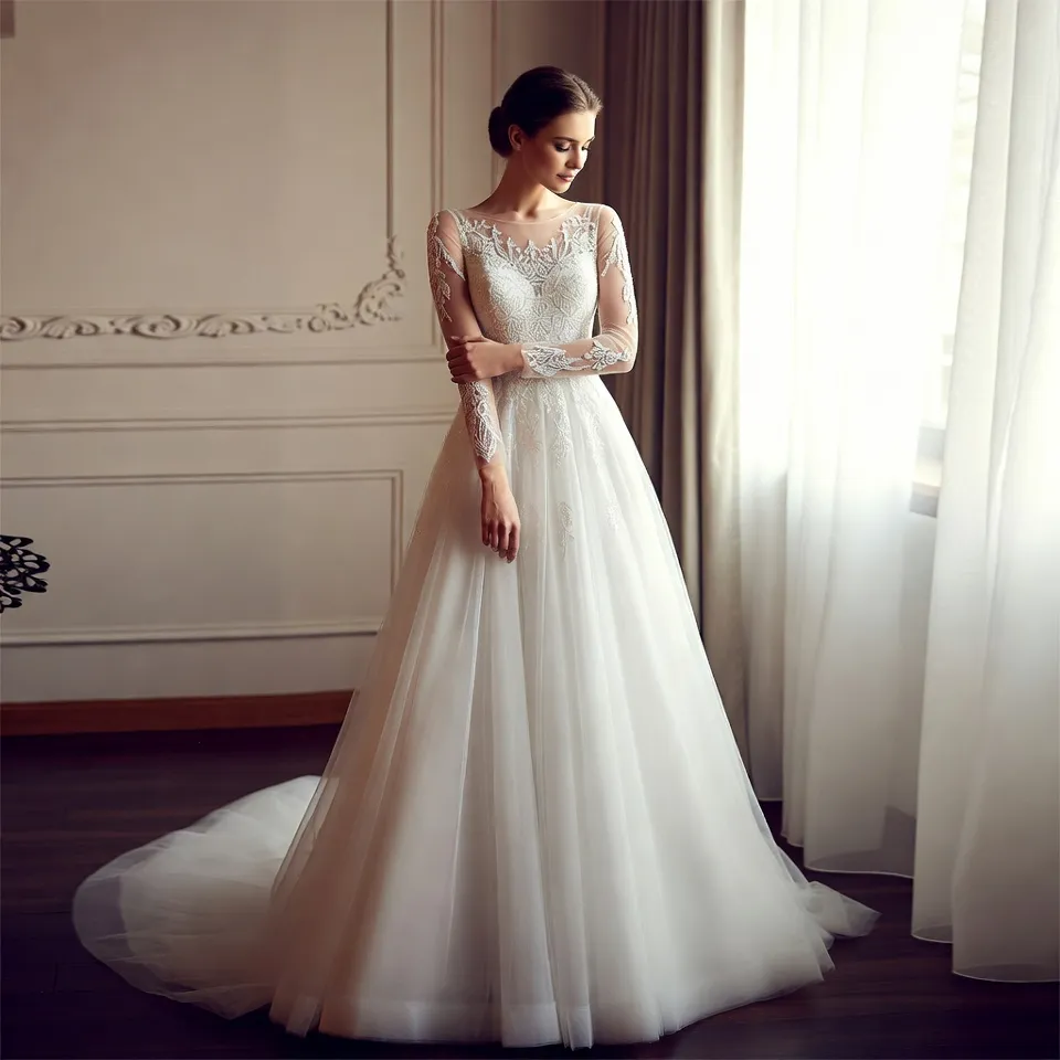 Long sleeve A line wedding dress, elegant indoor
