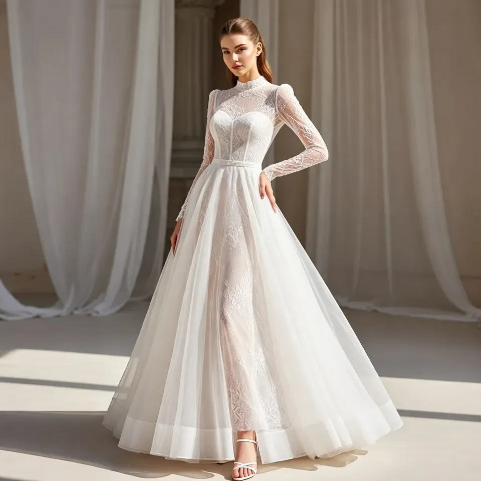 Long sleeve A line wedding dress, elegant indoor