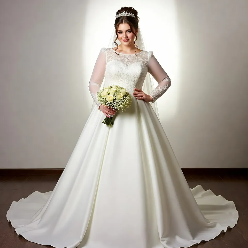Plus size A line wedding dress with sleeves, confident bride pose