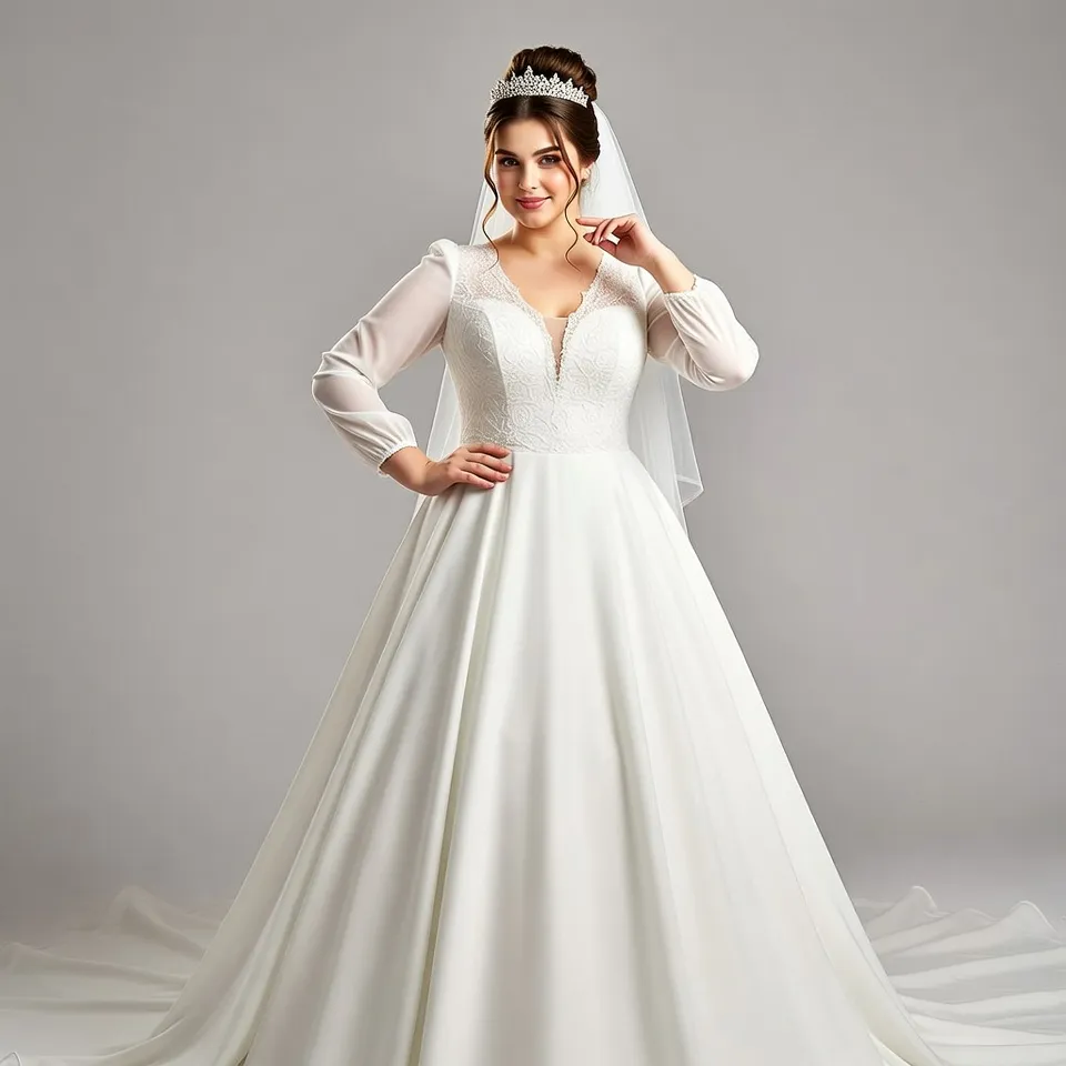 Plus size A line wedding dress with sleeves, confident bride pose