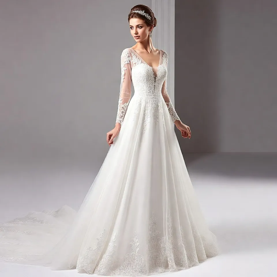 V Neck A Line Lace Wedding Dress
