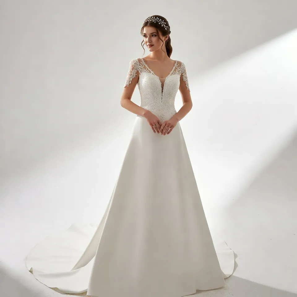 V Neck A Line Lace Wedding Dress