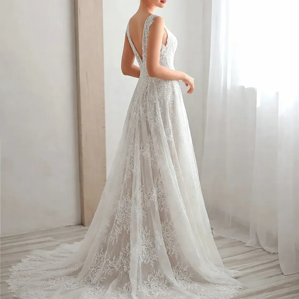 V Neck A Line Lace Wedding Dress