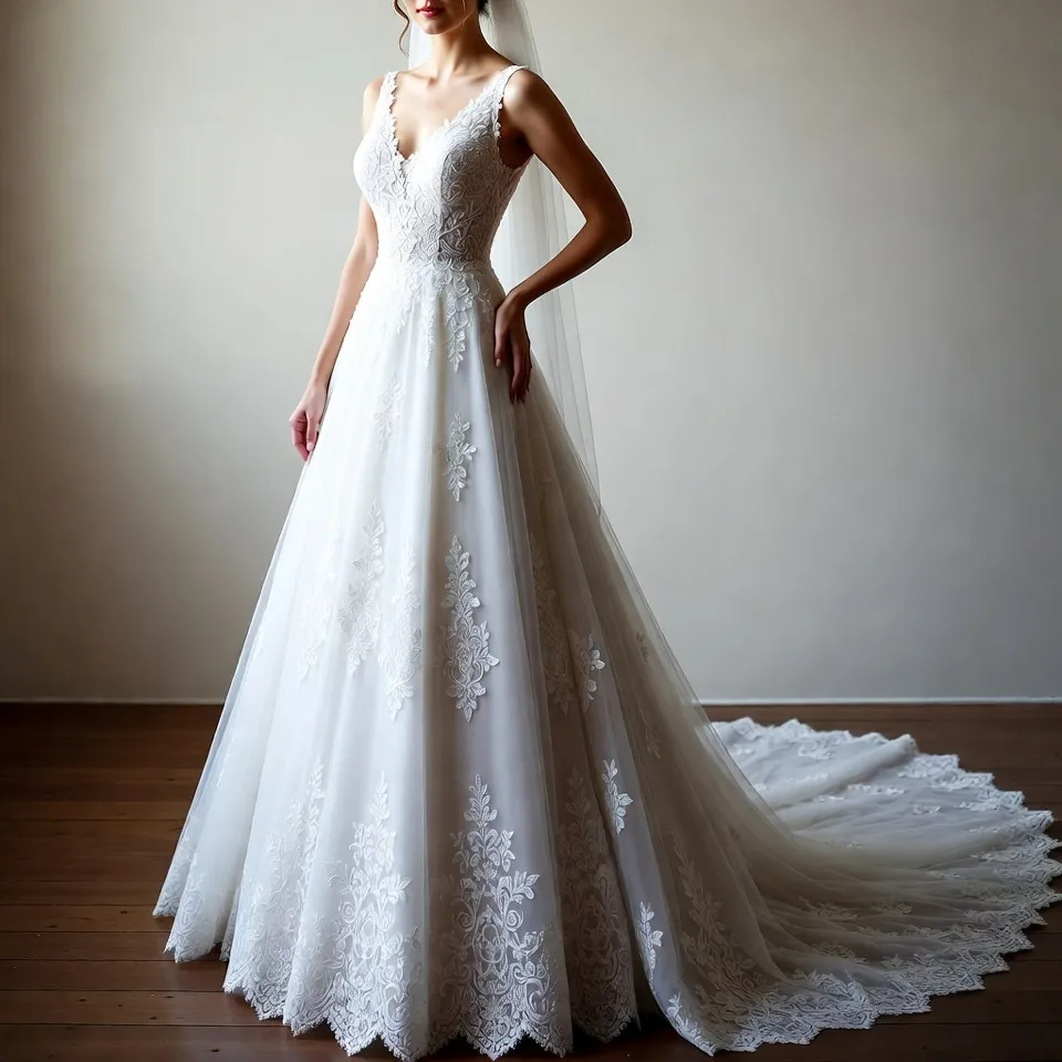 V Neck A Line Lace Wedding Dress1