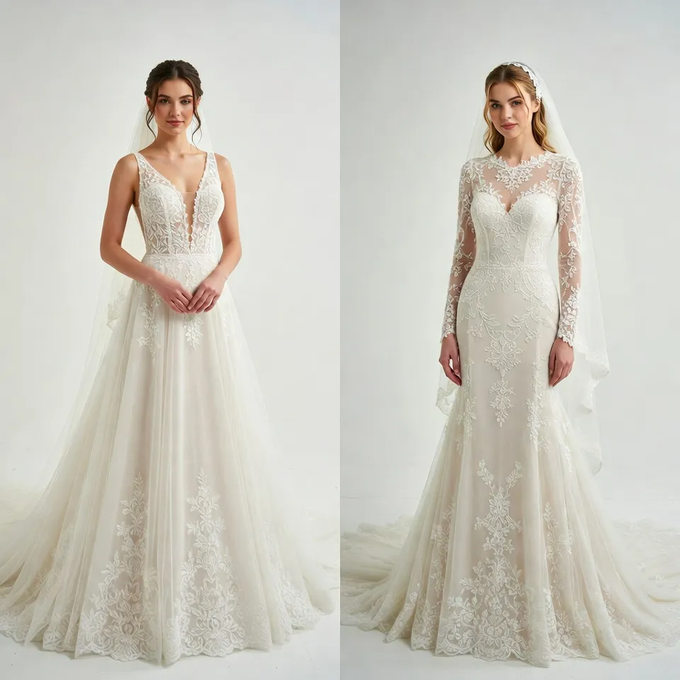 Bride wear Sleeveless vs sleeved A line wedding dress comparison