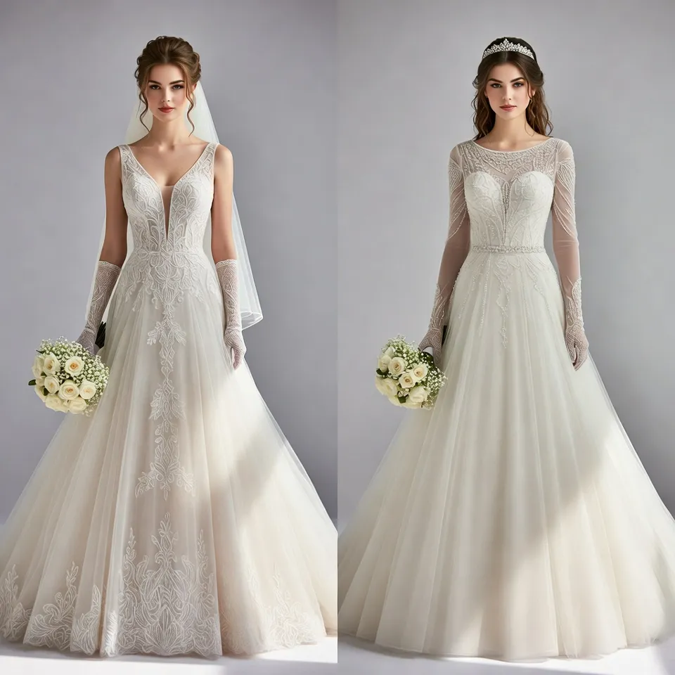 Bride wear Sleeveless vs sleeved A line wedding dress comparison