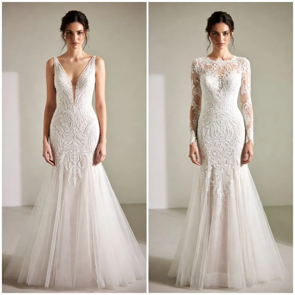 Bride wear Sleeveless vs sleeved A line wedding dress comparison
