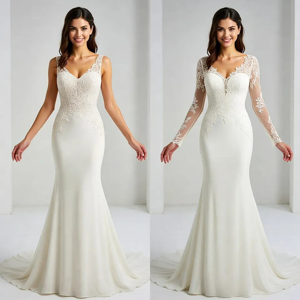 Bride wear Sleeveless vs sleeved A line wedding dress comparison